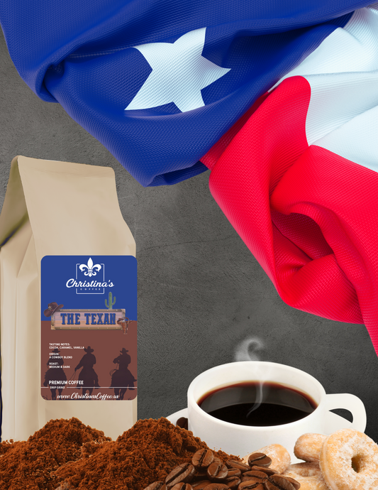 Christina's Coffee The Texan premium blend coffee bag - medium dark roast beside a Texas flag