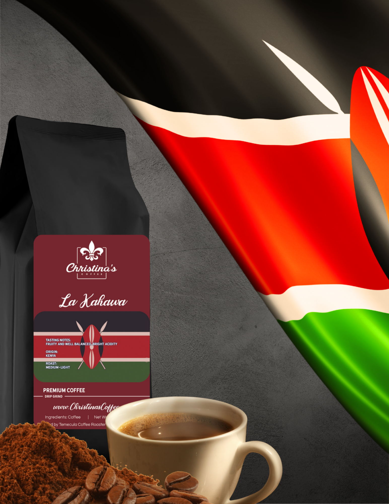 Christina's Coffee La Kahawa Kenyan coffee bag - medium light roast in front of a Kenyan flag